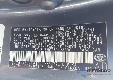 2014 Toyota Corolla L from USA, damaged, VIN 2T1BURHE7EC123390
